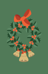 Retro Christmas greeting card - holly wreath and bells