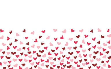 Small different red hearts on a white background with space for text, vector illustration, flat design. Holiday template, background element for postcards, banners, posters, weddings, valentines