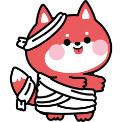 Cute Red Fox Character With Bandages Wrapped Around Its Body and Head Feeling Happy With Tongue Sticking Out Against White Background