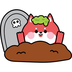 Cute Red Fox Zombie Pops Out Of Grave With Tombstone And Skull Icon With Green Moss On Head On Transparent Background