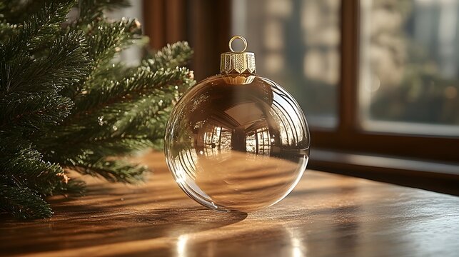 Glass ornament reflecting warm sunlight in a cozy indoor setting during the holiday season