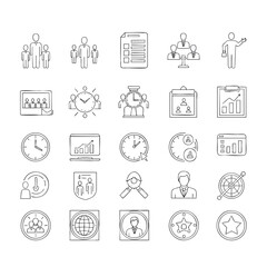 Fototapeta premium A collection of twentyfive handdrawn business and management icons Sketchy line art symbols for teamwork productivity and human resources concepts.