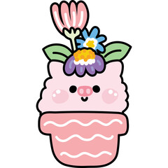 Cute Pink Pig Cupcake with Flowers in a Pink Pot Kawaii Style Illustration