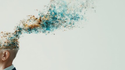 Contemporary collage exploring themes of addiction and misinformation, featuring a human hand pouring false data into a man's head against a minimalist backdrop with clean lines.