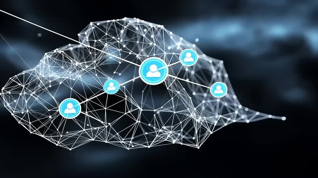 Abstract network of connected user icons representing digital communication and social interaction