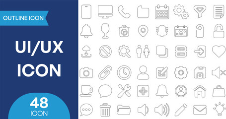 Modern user interface and user experience outline icons set for web design, mobile applications, and digital projects, featuring essential symbols for navigation, settings, and communication