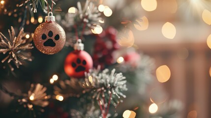 Festive christmas tree with paw print ornaments and sparkling lights. Horizontal banner. Copy space. For a veterinary clinic, pet store, pet shop, grooming services