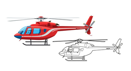 Red helicopter illustration with a line art version alongside it, Vector Illustration isolated on white background