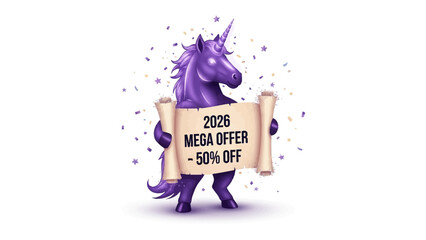 Unicorn mega offer: A magical unicorn proudly presents a scroll, revealing a mega offer and a substantial discount, creating a sense of excitement and wonder.