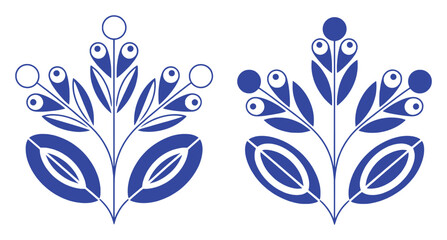 Symmetrical Blue and White Folk Art Floral Motifs with Berries and Leaves