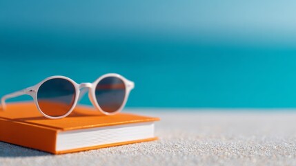 Vibrant summer leisure scene featuring an orange book, chic white sunglasses, and a crystal glass set against a sunny blue sky and sandy backdrop by the pool.
