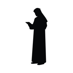 Silhouette of an Arab Sheikh wearing traditional dress and holding a mobile device, simple black illustration.