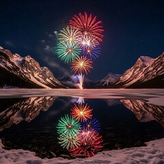 Spectacular fireworks display over winter mountains
