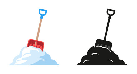Colorful and monochrome shovels with piles of snow depicted in vector style
