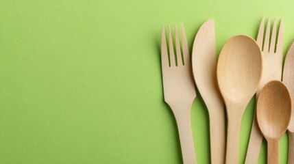 Bamboo and Paper Utensils for a Sustainable Future, eco-friendly disposable utensils on a green background, promoting environmental protection and zero waste solutions