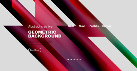 Abstract geometric background features vibrant red, purple, green gradients. Text overlays include work, about, portfolio, contact options. Button reads read more.