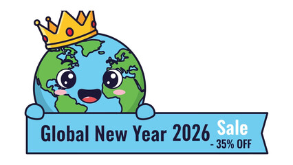 Global New Year 2026 Sale: Cheerful globe mascot, adorned with a golden crown, unveils a banner advertising the Global New Year 2026 Sale, offering a generous 35% discount to customers. 