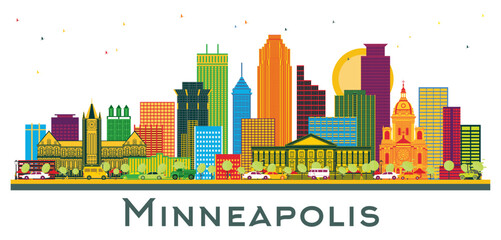 Obraz premium Minneapolis Minnesota USA City Skyline with Color Buildings isolated on white. Illustration. Business Travel and Tourism Concept with Modern Architecture. Minneapolis Cityscape with Landmarks.
