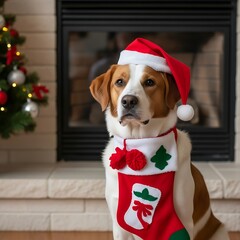 Adorable dog wearing Santa hat by Christmas tree