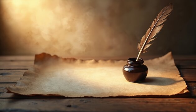 Ancient feather quill pen rests in inkwell on dark wooden table. Blank aged parchment paper unrolls, ready for writing. Vintage setup evokes history, old documents, literature, storytelling,