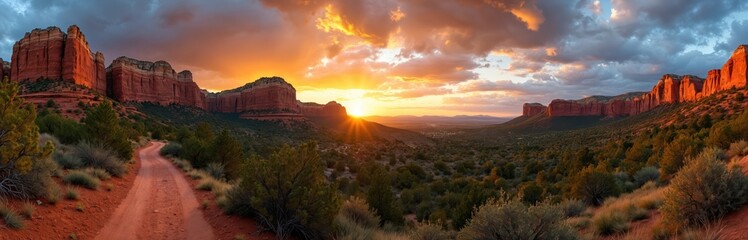 Fototapeta premium Panoramic desert landscape at sunset. Massive red rock formations glow under warm sun rays. Dramatic clouds fill vibrant sky. Winding dirt road leads through green scrub brush. Captures southwest