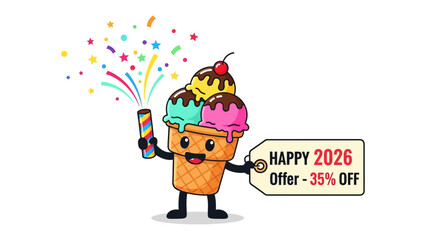 Cool Celebration: A cheerful ice cream cone, adorned with three scoops of delicious ice cream, joyfully celebrates, showering confetti and offering a sweet discount for 2026.