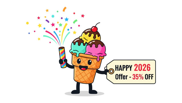 Cool Celebration: A cheerful ice cream cone, adorned with three scoops of delicious ice cream, joyfully celebrates, showering confetti and offering a sweet discount for 2026.