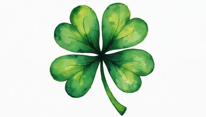 Watercolor illustration shows lucky green shamrock. Saint Patricks Day design element. Irish symbol of fortune and luck. Good for greeting cards. Graphic four leaf clover isolated on white backdrop.
