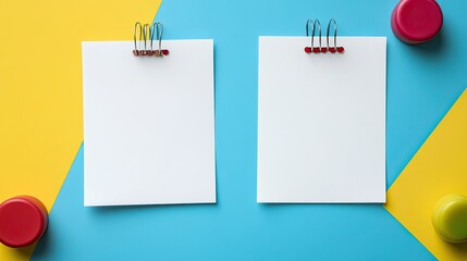 Blank white paper sheets clipped with red binders on a vibrant split background of yellow and blue, offering creative space for notes and ideas
