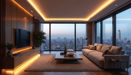 Luxurious modern apartment interior with cityscape view at dusk. Sophisticated living room design features sleek furniture large windows, ambient lighting. Stylish decor combines elegance,