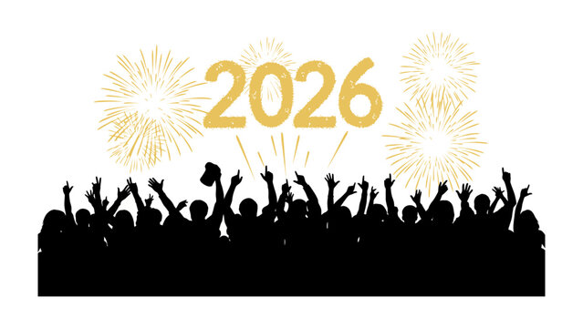 Fireworks and Revelry in 2026: A silhouette of a crowd joyously celebrates, silhouetted against a brilliant display of fireworks above the year 2026, marking a moment of anticipation.