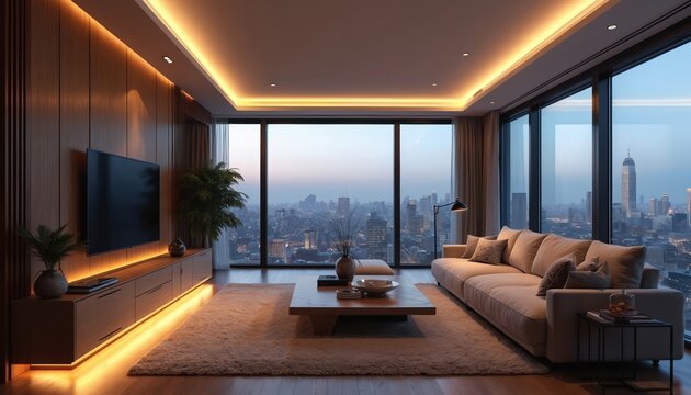 Luxurious modern apartment interior with cityscape view at dusk. Sophisticated living room design features sleek furniture large windows, ambient lighting. Stylish decor combines elegance,