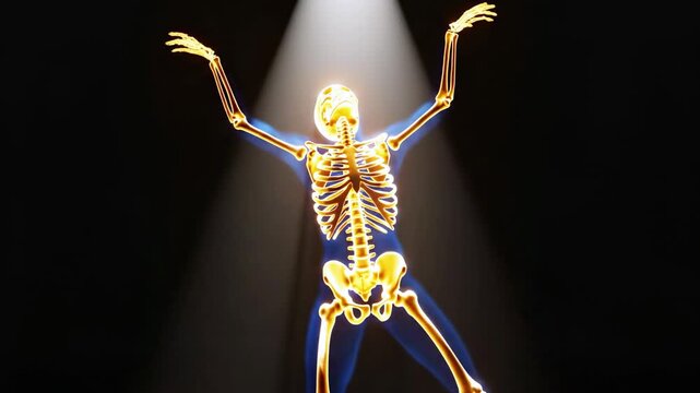 Glowing, stylized human skeleton dances gracefully in a spotlight against a dark background