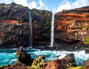 Twin waterfalls cascade down vibrant red-and-black cliffs into the turbulent blue ocean. Lush greenery clings to the rock face