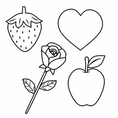 Black and white outline drawing set featuring red color objects — rose, heart, apple, and strawberry. Perfect for preschool worksheets and coloring activities to learn colors.
