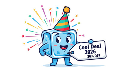 Cool Deal Character Mascot: An adorable cartoon ice cube character celebrates a special offer, holding a promotional sign with a cool deal discount, radiating joy and festive spirit.
