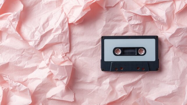 Retro Cassette Tape on Crumpled Pink Background, evokes nostalgia for vintage music, perfect for Y2K design themes, minimalist aesthetic with ample copy space.