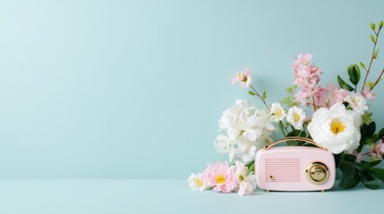 Vintage pink radio receiver adorned with vibrant summer flowers and lush green leaves, set against a soft pastel blue backdrop, ideal for a minimal nature-themed advertisement.