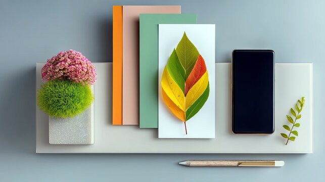 A minimalist desk arrangement featuring a smartphone, a stylized leaf made of colorful paper, and small plants, suggesting a blend of nature and technology.