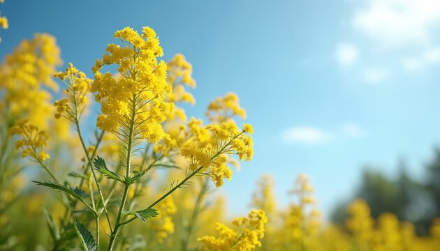 Goldenrod flowers bloom in field on sunny day. Yellow flowers sway in breeze under clear blue sky. Green stems, leaves support vibrant blooms. Natural landscape with flowers in foreground, blurred