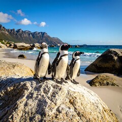 Three penguins, black and white, stand on a rock near a sandy beach with turquoise water. Mountains are in the background