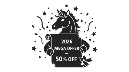 Magical Unicorn Offer : A captivating illustration of a unicorn displaying a promotional scroll, highlighting a mega offer with a significant discount, perfect for sales and promotions.