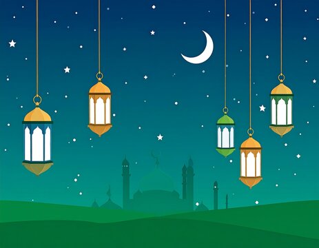 Illustration of lanterns, mosque, crescent moon, and stars at night