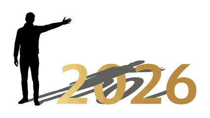 Fototapeta premium Forward Vision: A silhouette of a person gesturing towards the year 2026, creating a bold statement about future prospects and visionary planning.