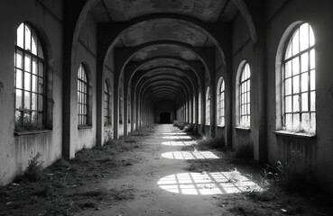 Abandoned sugar mill building interior in black white. Long arched corridor with many large windows. Sunlight creates strong grid light patterns on dusty ground. Weeds grow inside old derelict