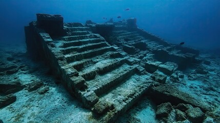 Mysterious ancient underwater ruins with stone stairs and rock formations bathed in deep blue ocean light, hinting at lost civilizations and submerged historical sites