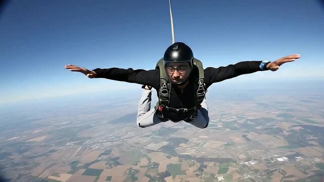 Man skydiving with parachute deployed, falling through clear blue sky over landscape