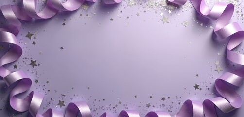 Purple background frames with flowing satin ribbons and sparkling silver stars. Festive party design elements with elegant swirls and confetti, perfect for celebratory announcements or invitations.