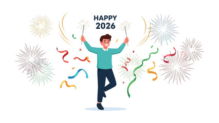 New Year Spark: A cheerful figure celebrates the dawn of 2026, holding sparklers amidst a colorful display of fireworks and confetti, symbolizing the joy and anticipation of new beginnings.