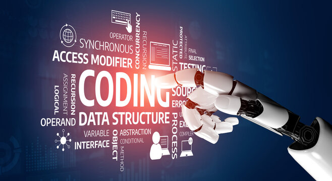 A robotic hand points towards an array of coding and data structure terms, representing modern technology themes. The visual elements evoke innovation and creativity. Tessel